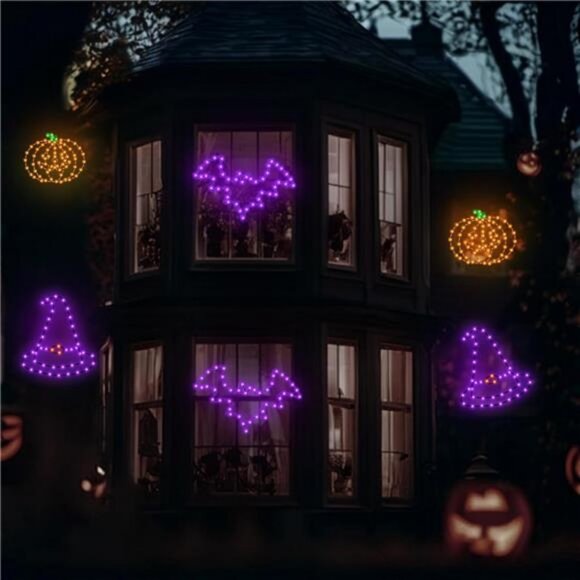 Halloween Decorations, Bat Pumpkin Hat Window Lights, 8 Modes Battery Operated - Picture 6 of 8